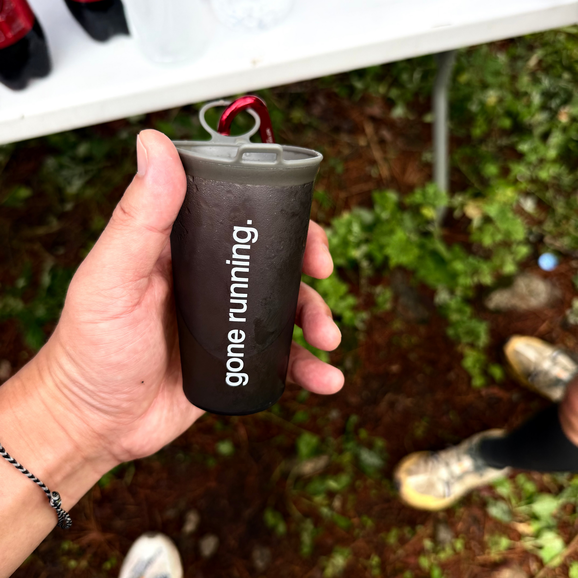 flask, gone running, grey.